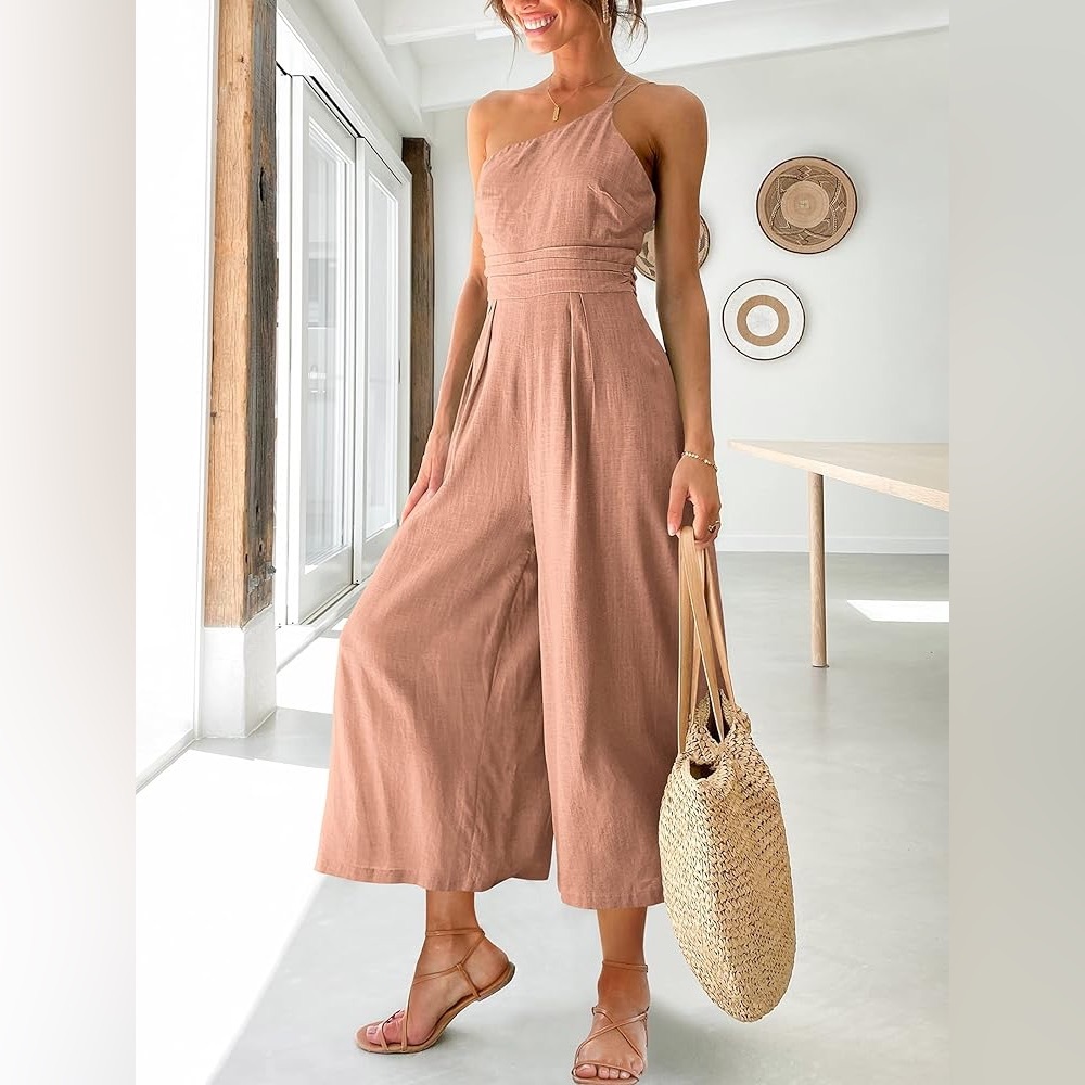 One Shoulder Shirred Linen Blend Wide Leg Jumpsuit size S Pink Smocked Pockets